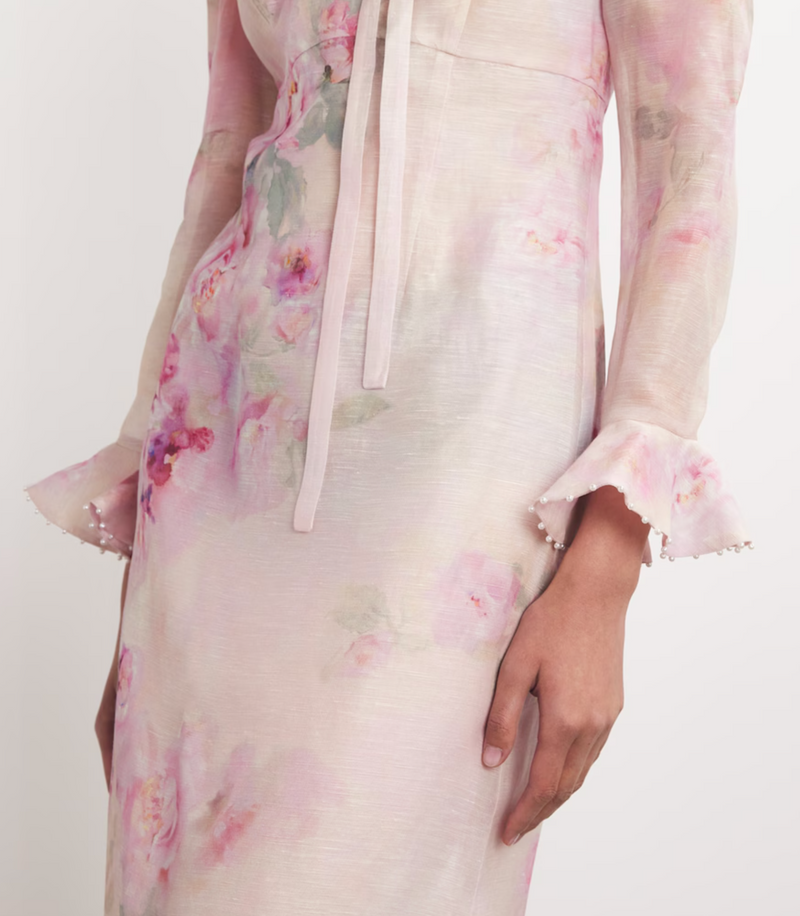 Zimmermann Linen-Silk Floral-Embellished Midi Dress