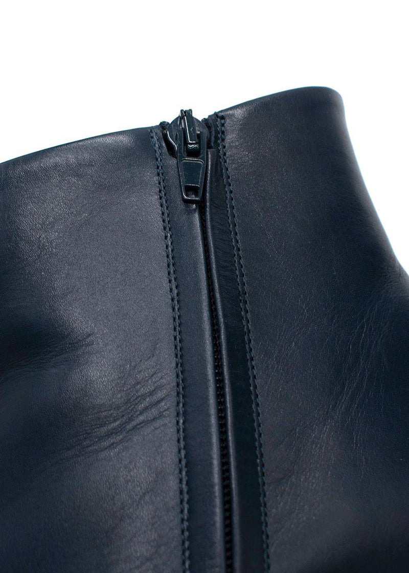 Celine Navy Leather Silver Brushed Heel Ankle Boot