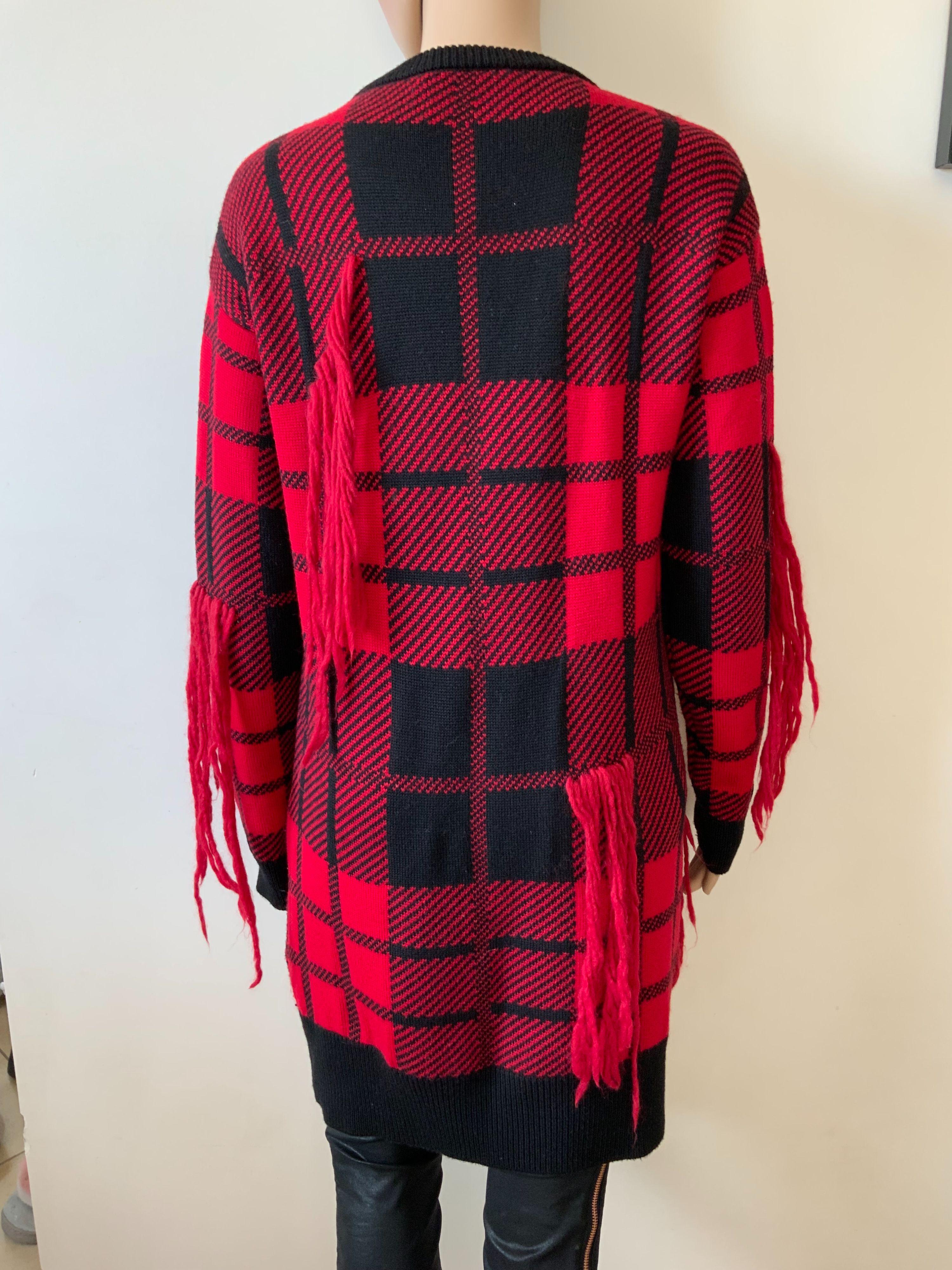 Red & Black Plaid Knit Crystal Embellished Sweater Dress