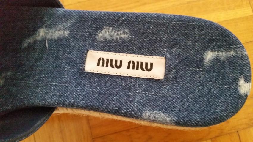 Miu Miu Crystal Embellished Distressed Denim Platform Mules
