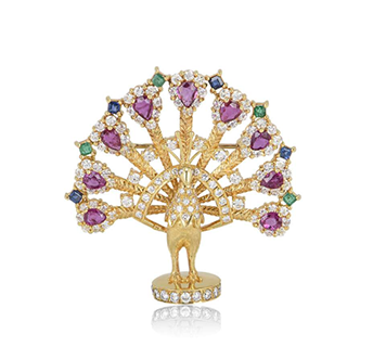 Bespoke Yellow Gold Diamond, Ruby, Sapphire & Emerald Peacock Brooch