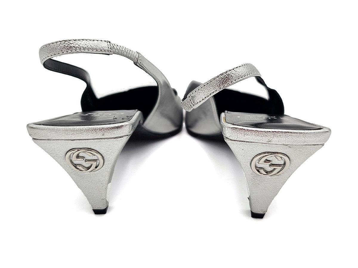 Guci Silver Leather Slingback Sandals