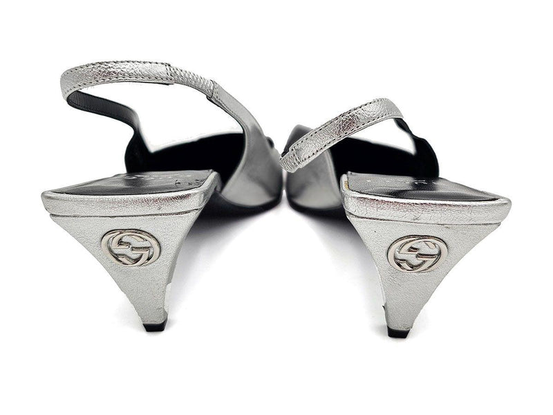 Guci Silver Leather Slingback Sandals