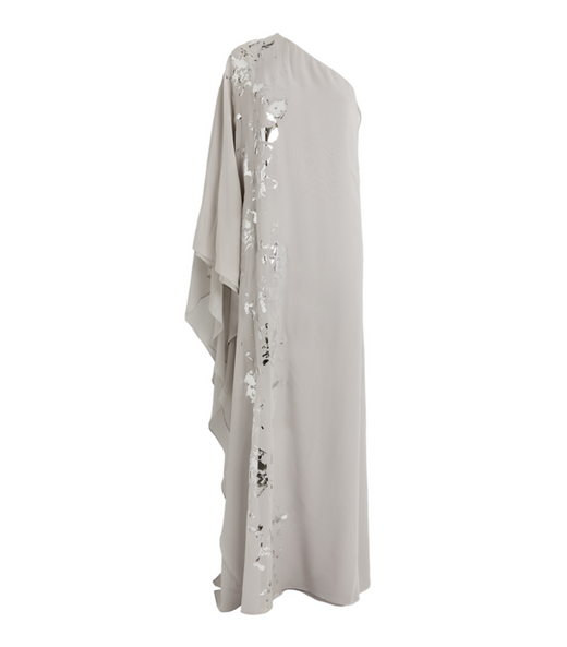 Kolston Metallic Foiled One-Shoulder Silk Chiffon Caftan Gown