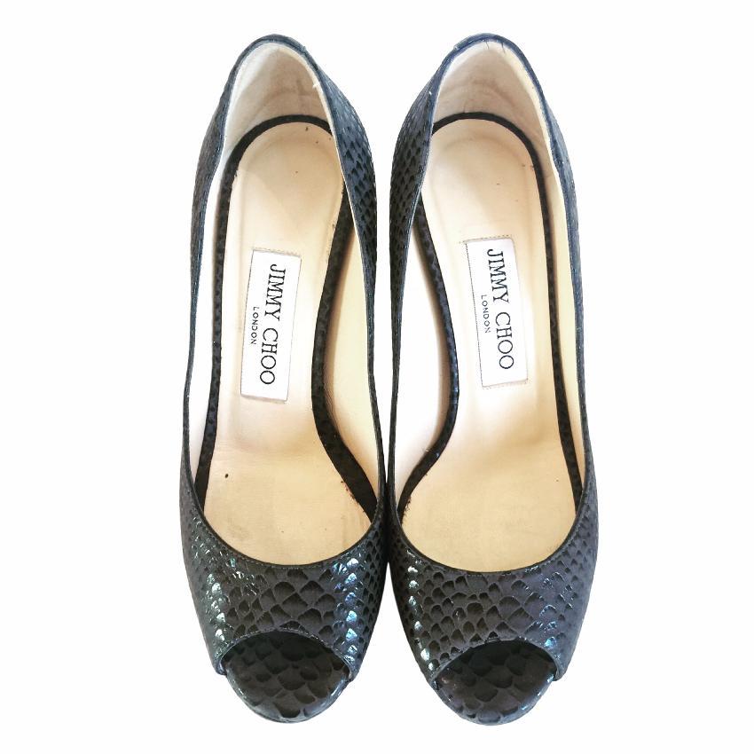 Jimmy Choo Gray Snakeskin Peep Toes Platform Heels