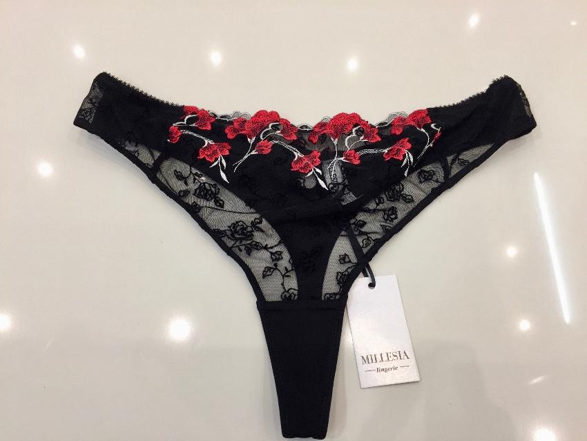 Millesia Embroidered Flowers Red & Black Padded Bra & Thong Set