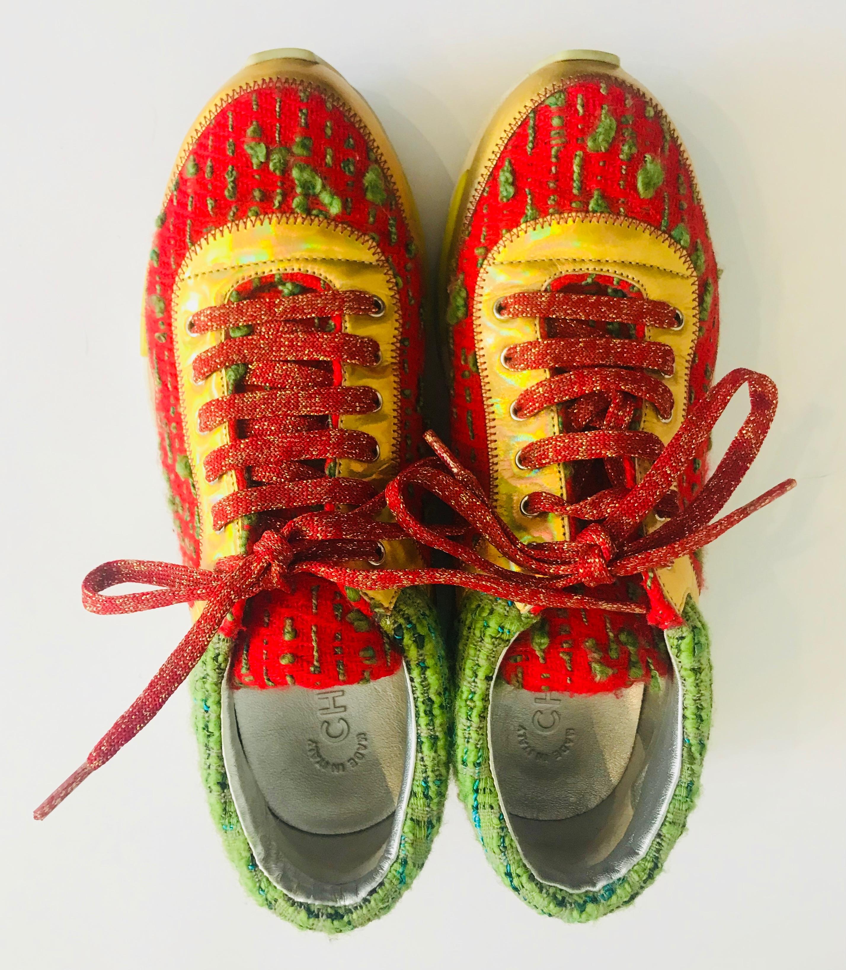 Multicoloured tweed & leather CC Sneakers