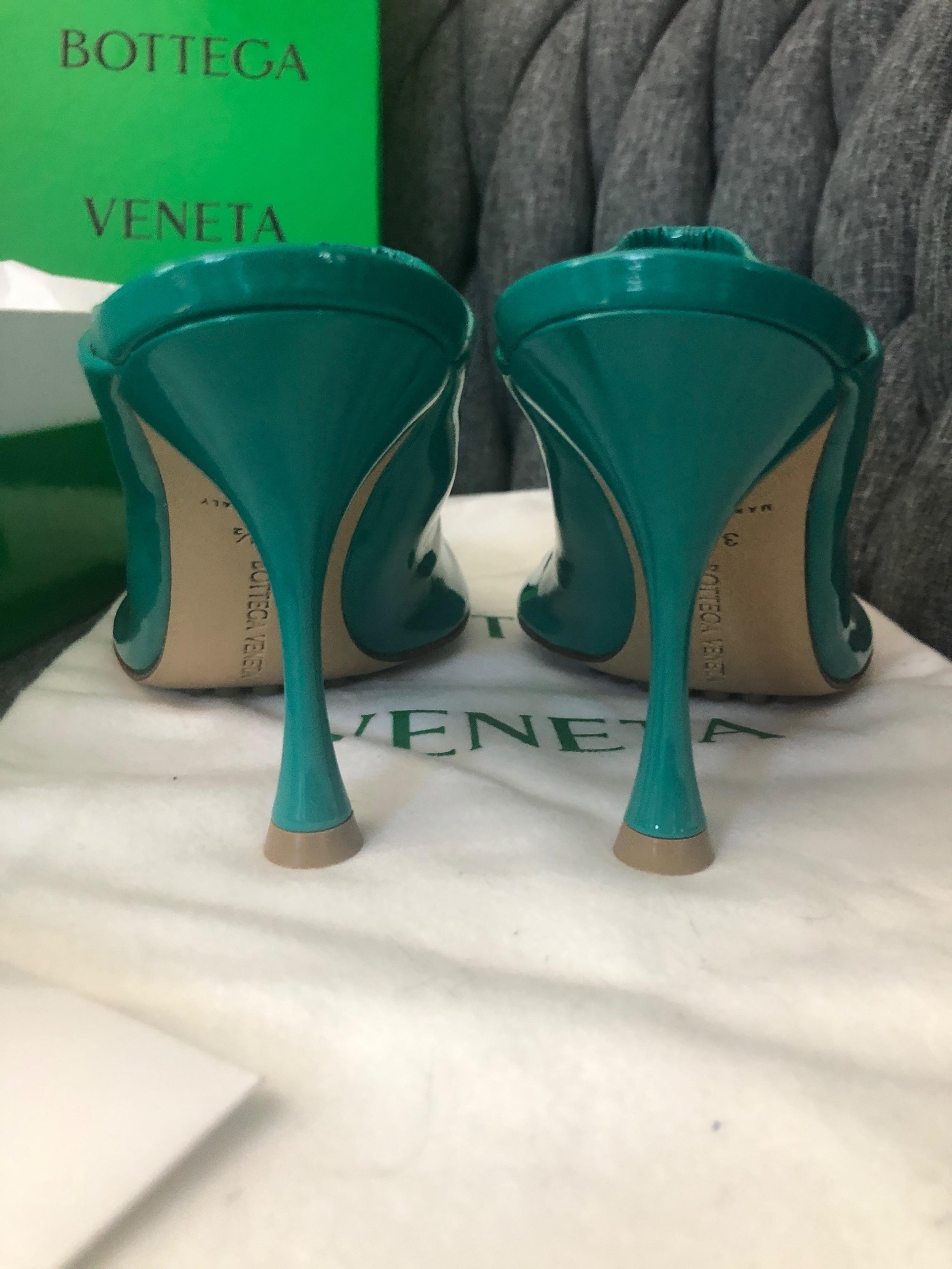 Bottega Veneta Teal Patent Leather Dot Mules
