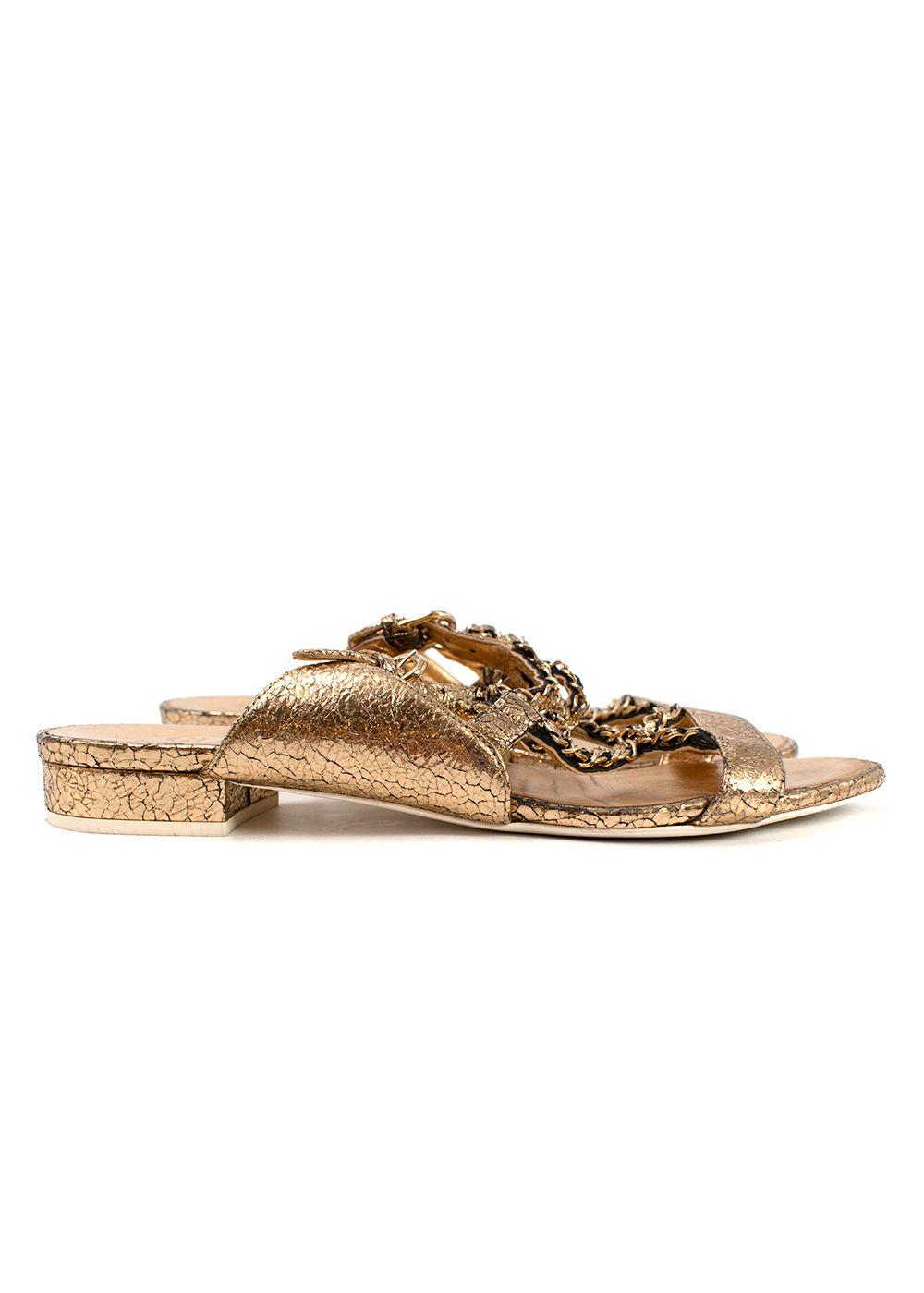 Chanel Metallic Gold Leather Chain Detail Sandals