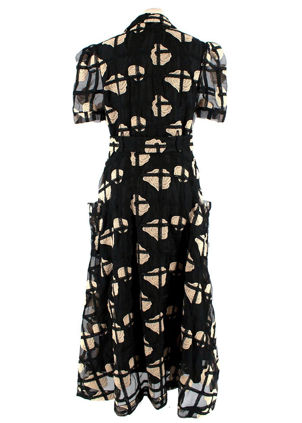 Black & Beige Mesh Macrame Belted Midi Dress
