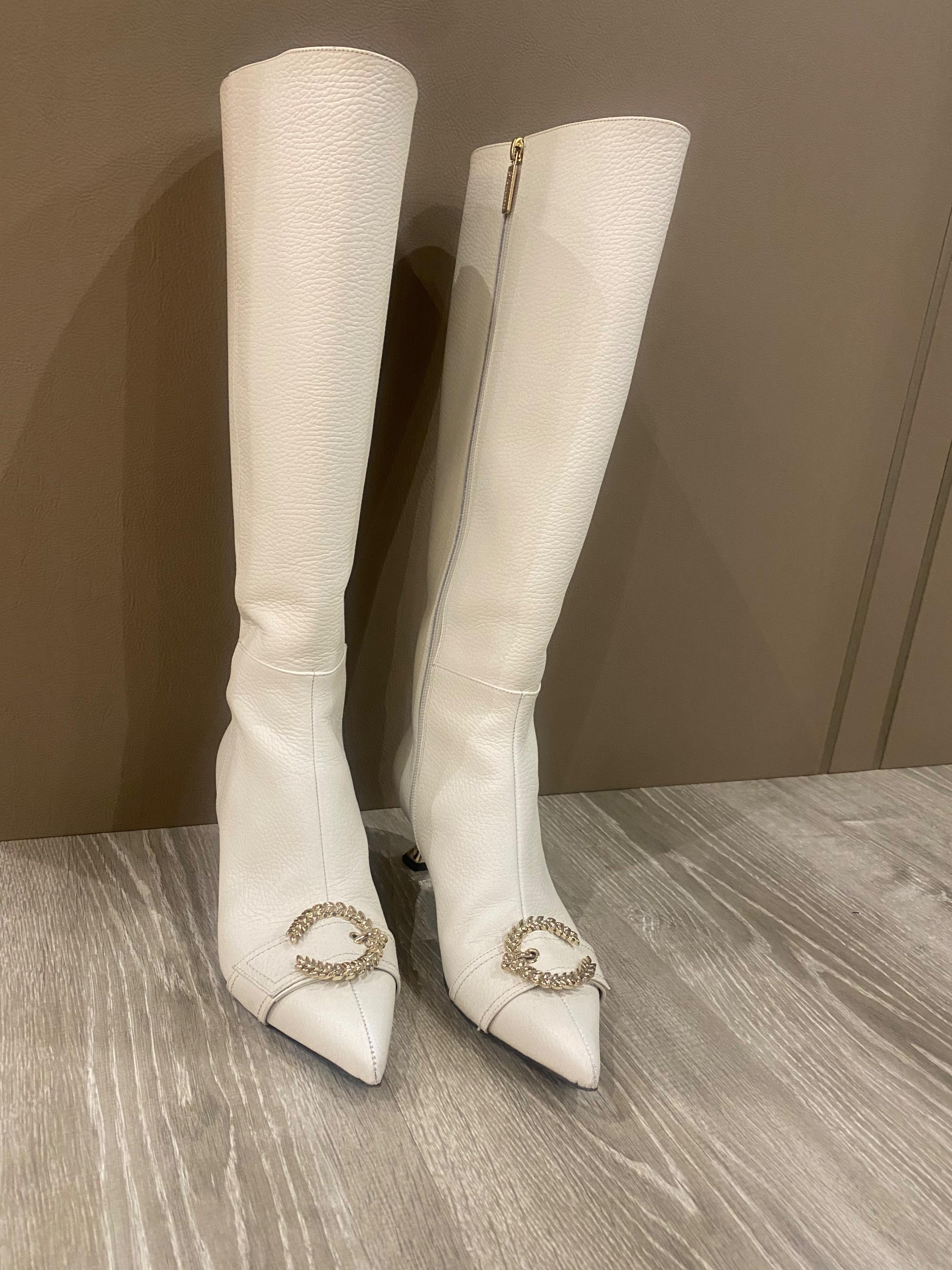 White Leather Heeled Long Boots