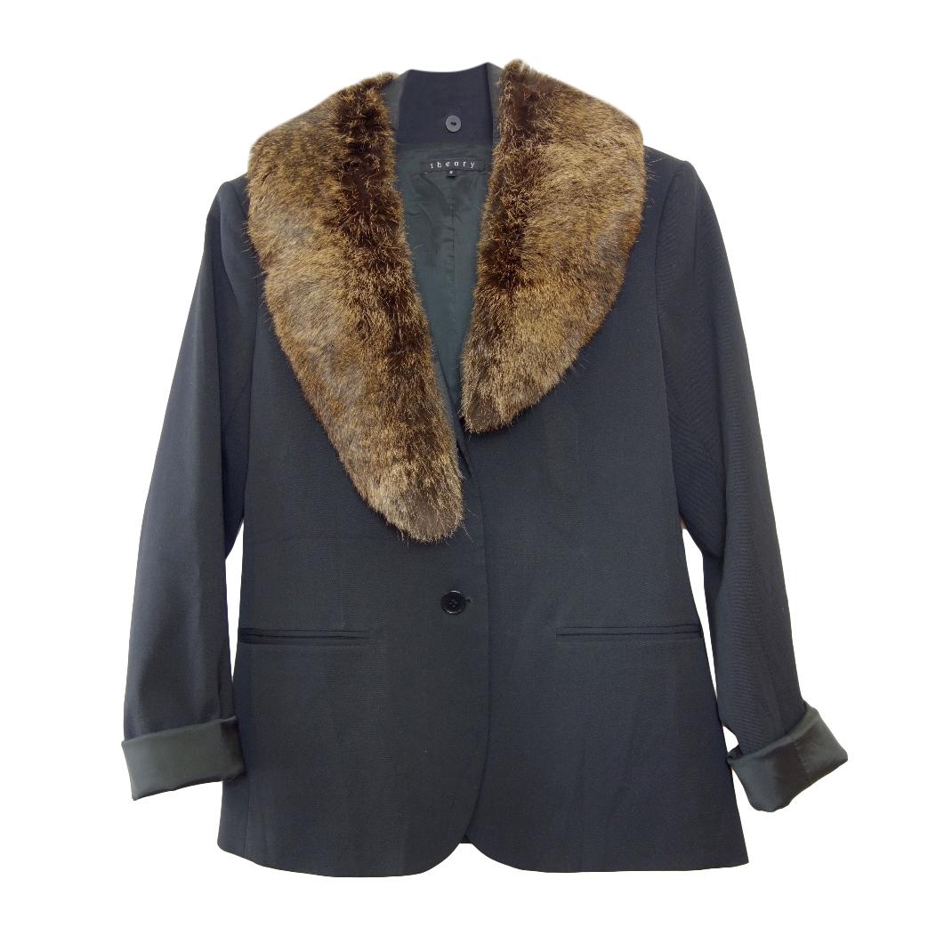 Theory Black Tailored Jacket with Rabbit Fur Removable Collar