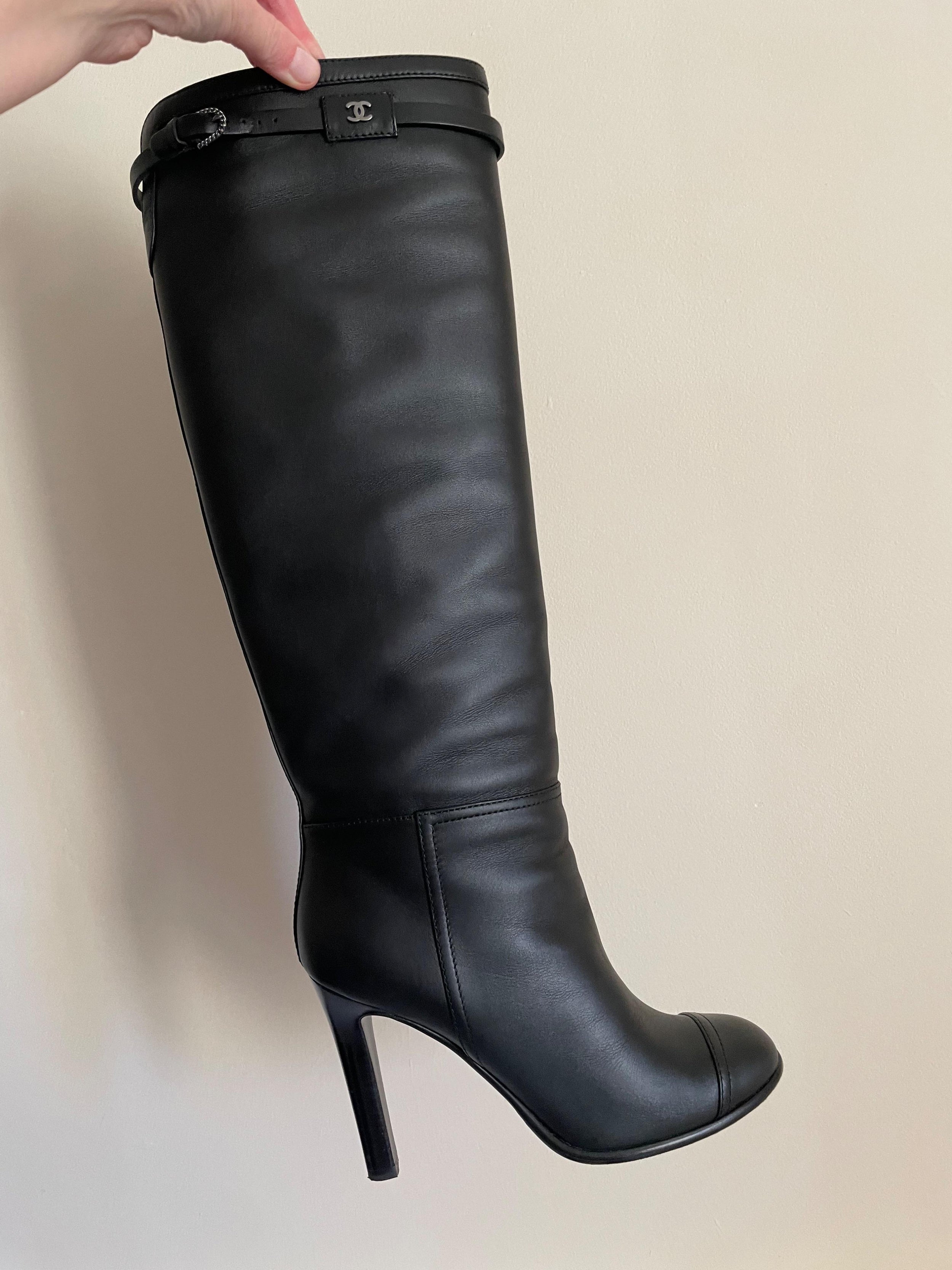 Black Leather CC Heeled Knee High Boots