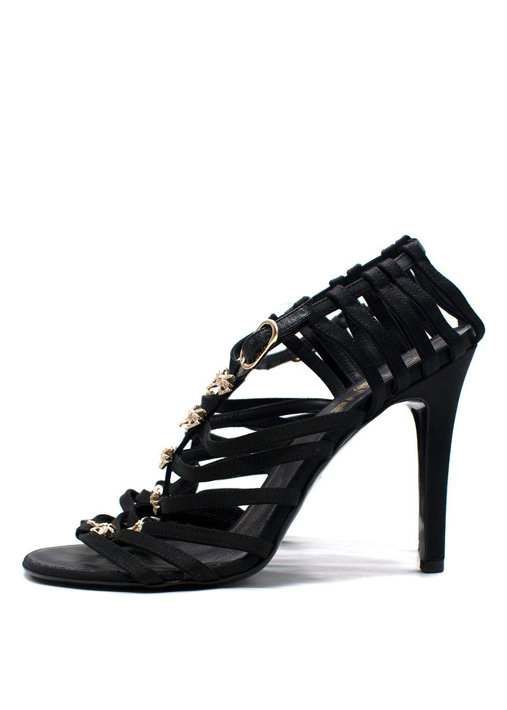 Chanel Black Satin Strappy Heels with Bow Detailing