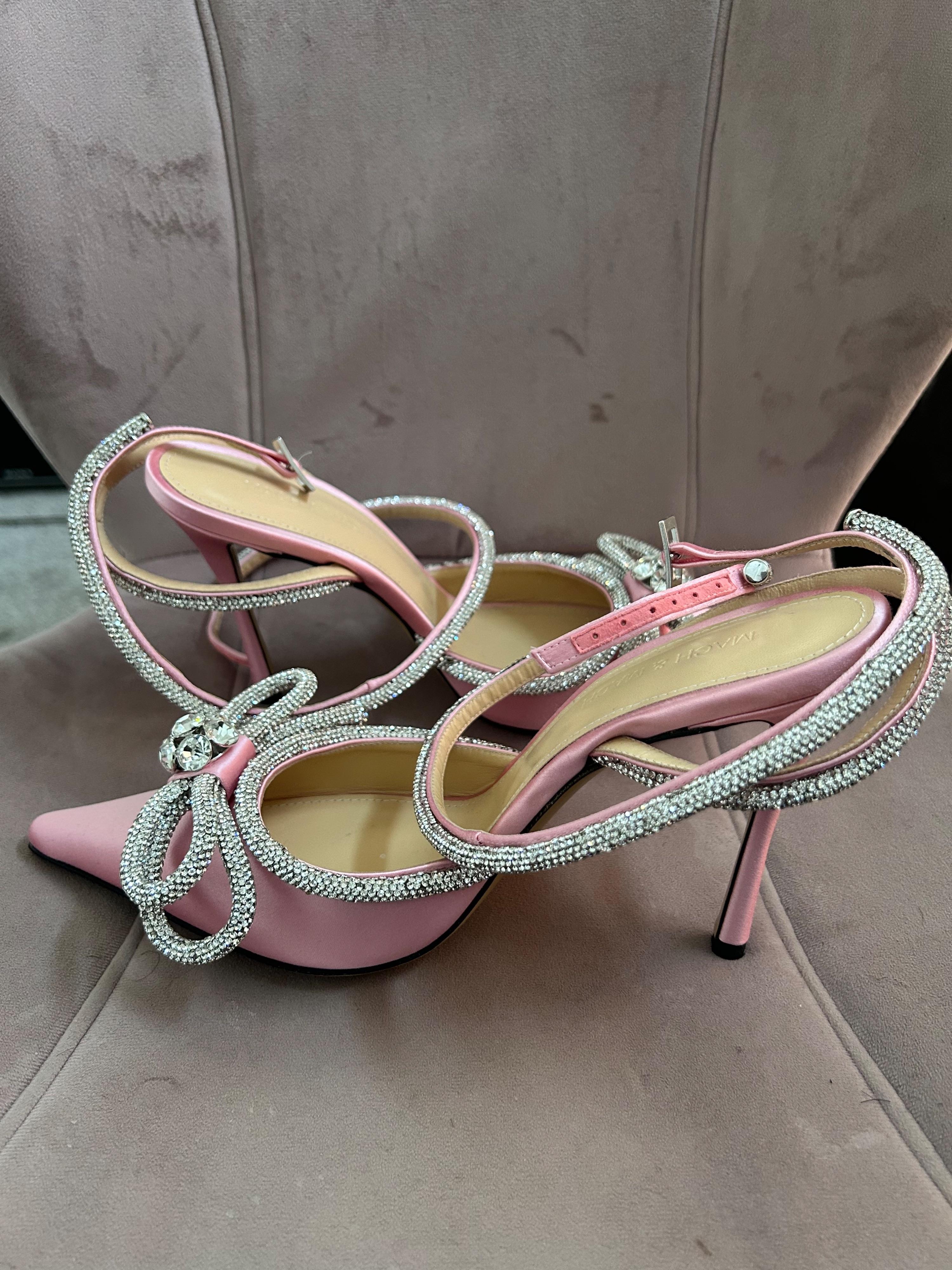 Double Bow Crystal Embellished Pink Satin Pumps