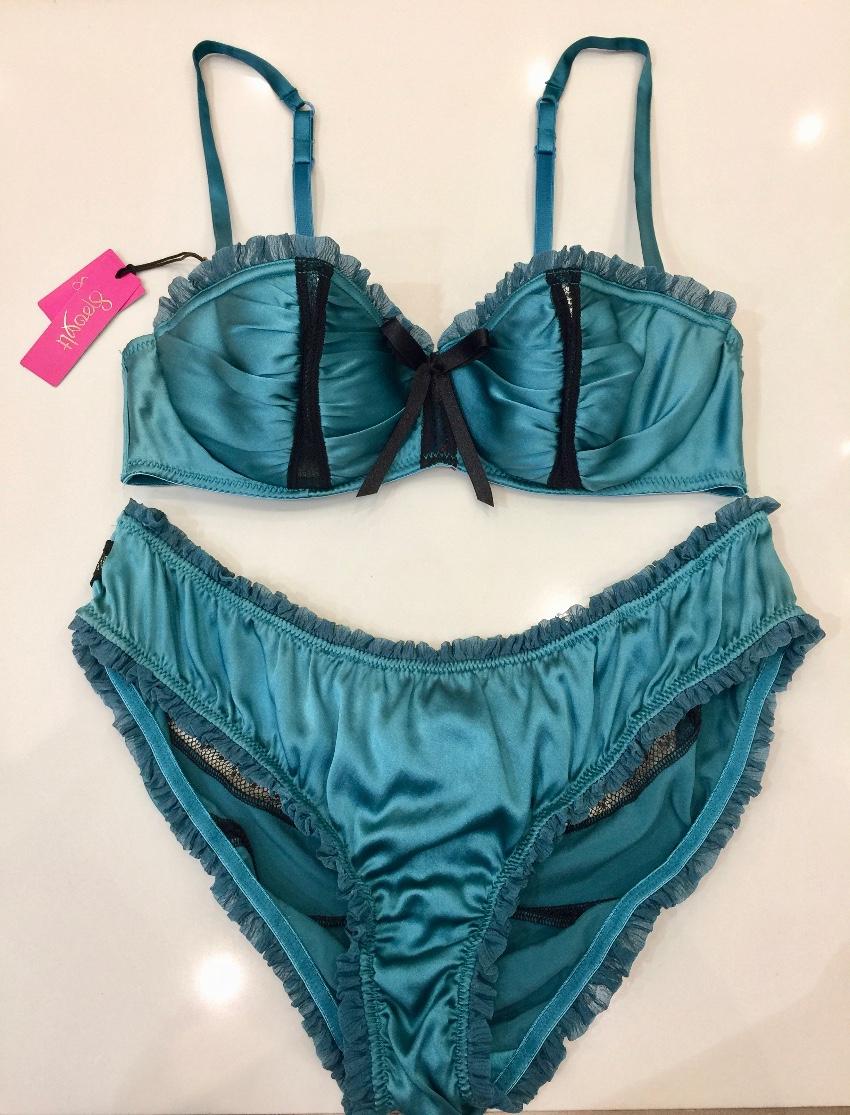 Spoyit Teal Silk Half Cup Bra & Brief Set