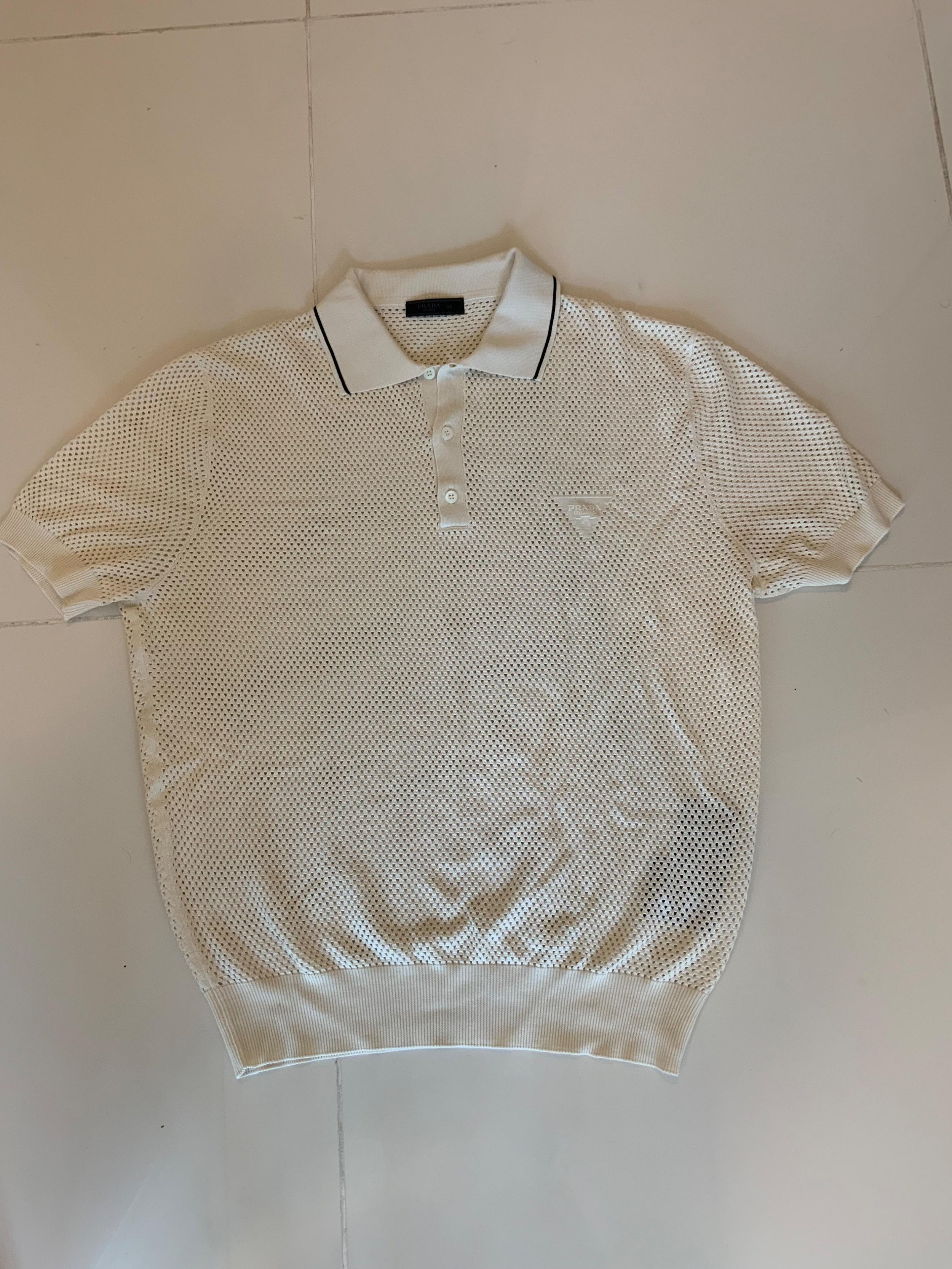 Prada Cream Mesh Knit Polo Shirt