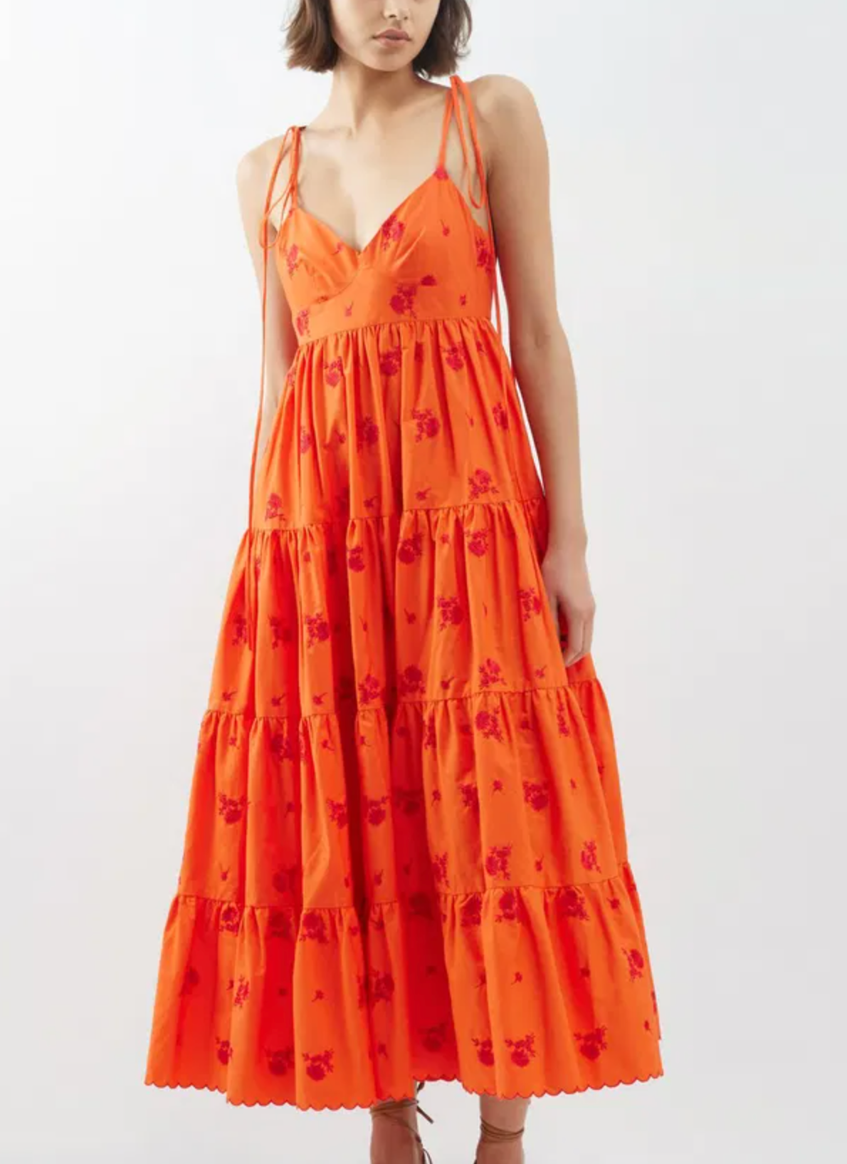 Erdem Floral-Embroidered Tiered Cotton-Poplin Midi Dress