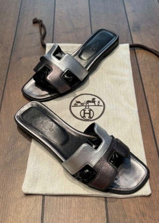 Hermes Black Leather Oran Sandals