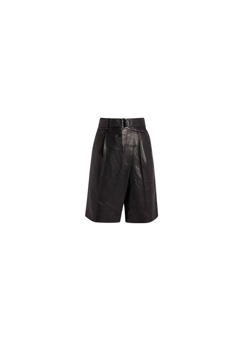 Black Leather Belted Wrap Shorts