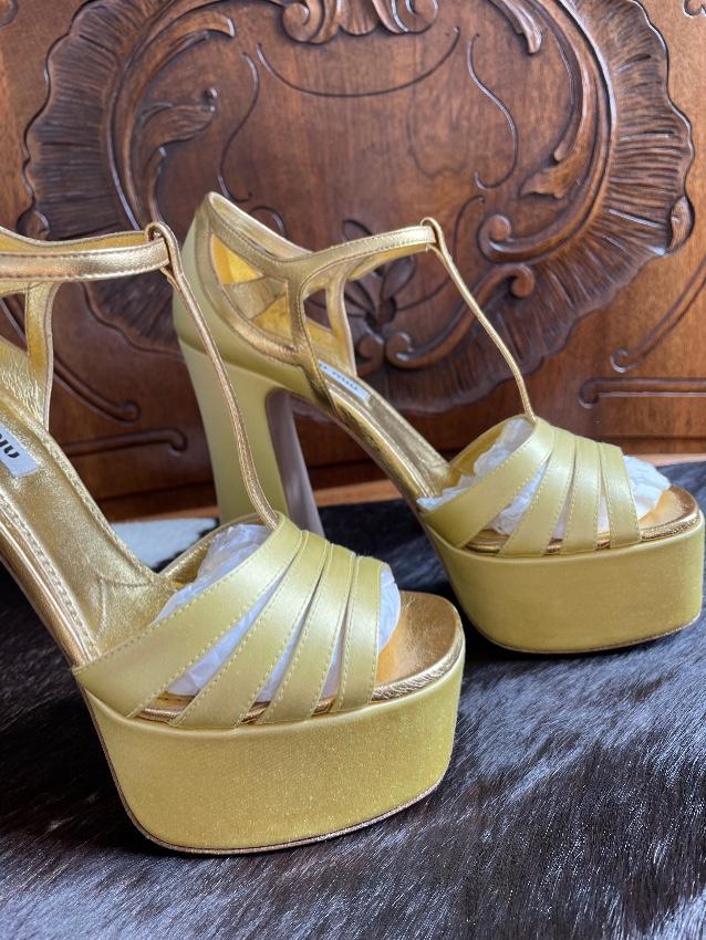 Miu Miu Gold Leather & Yellow Satin Platform Sandals