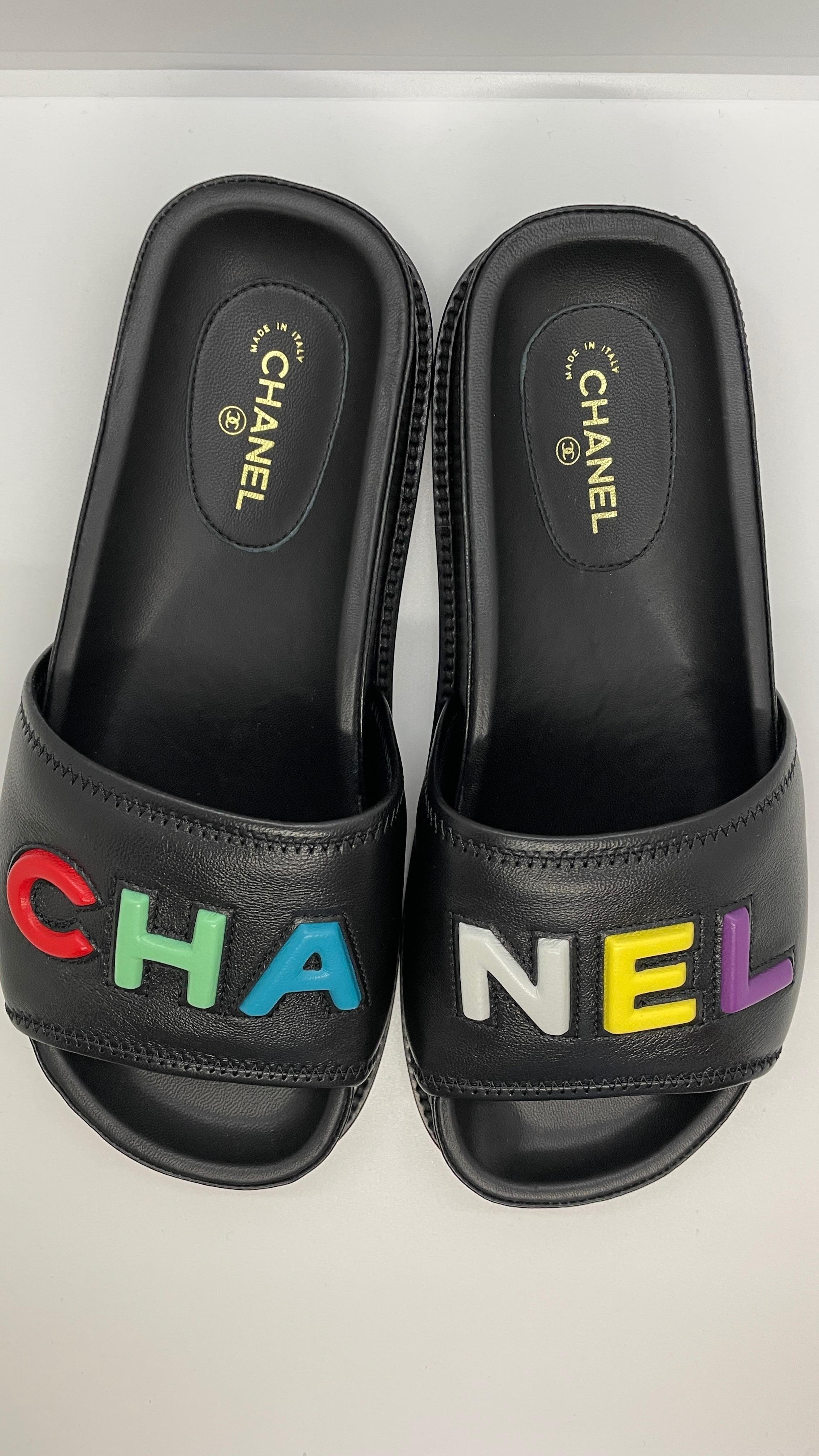 Multicoloured Logo Black Leather Slide Sandals