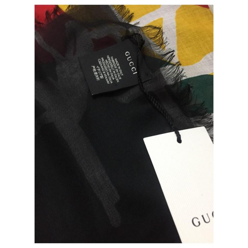 Gucci Black Logo Print Wool & Silk Scarf