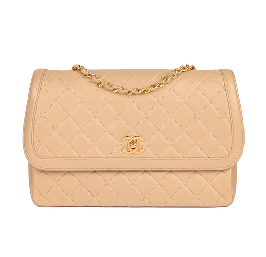 Beige Vintage Quilted Leather Flap Bag & Waller