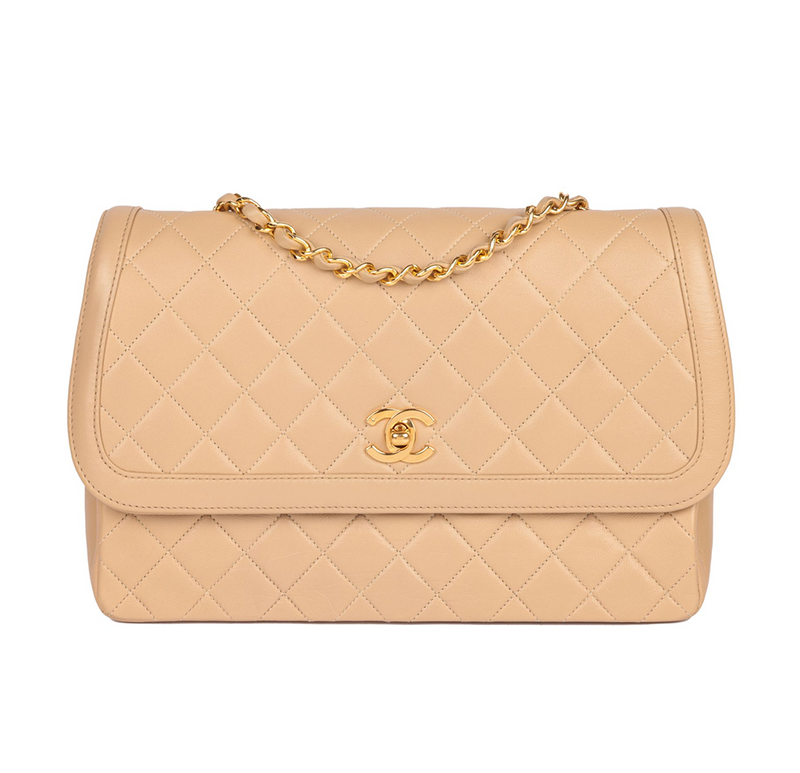 Beige Vintage Quilted Leather Flap Bag & Waller