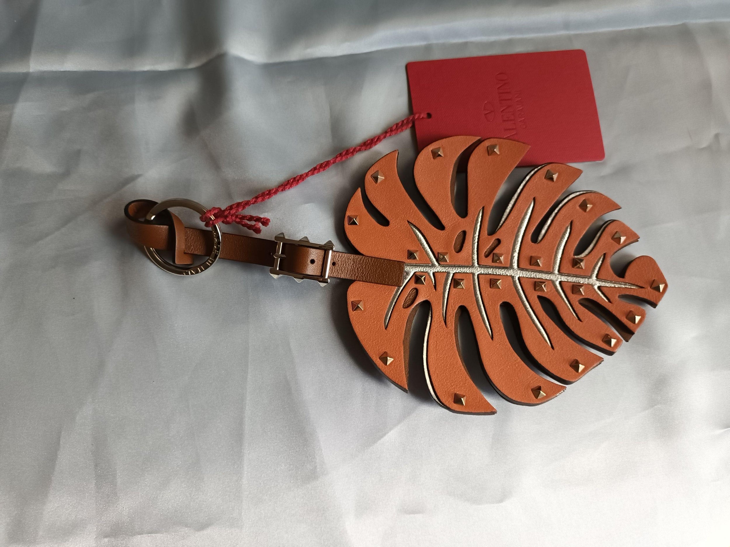 Valentino Tan Leather Monstero Leaf Keyring