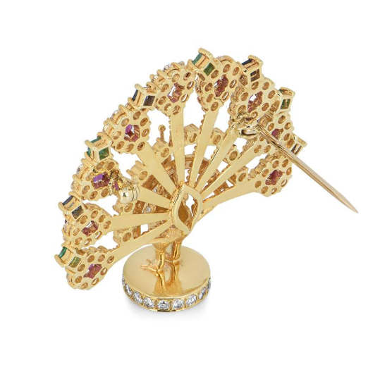 Bespoke Yellow Gold Diamond, Ruby, Sapphire & Emerald Peacock Brooch