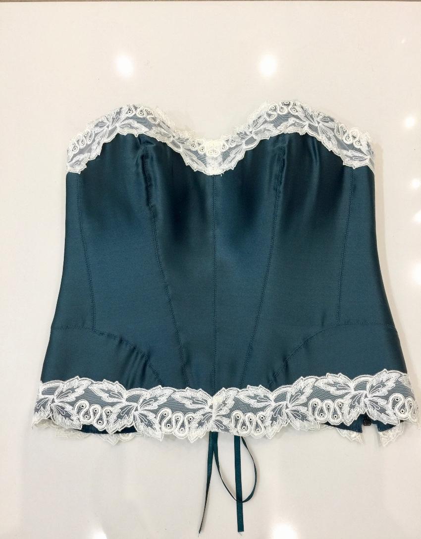 Millesia Couture Forest Green Silk & Calais Leavers Lace Corset