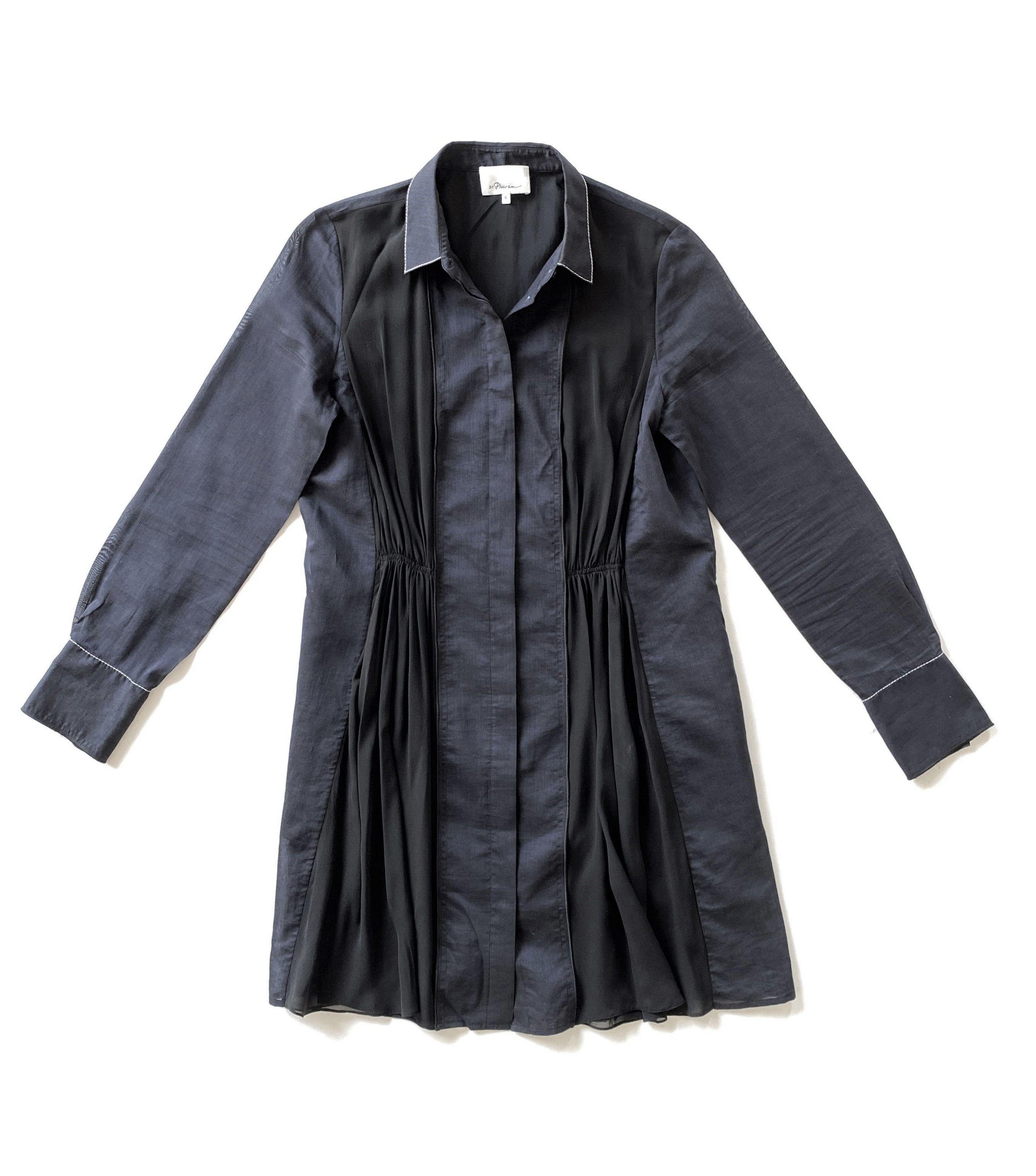 Black & Navy Cotton & Silk Shirt Dress