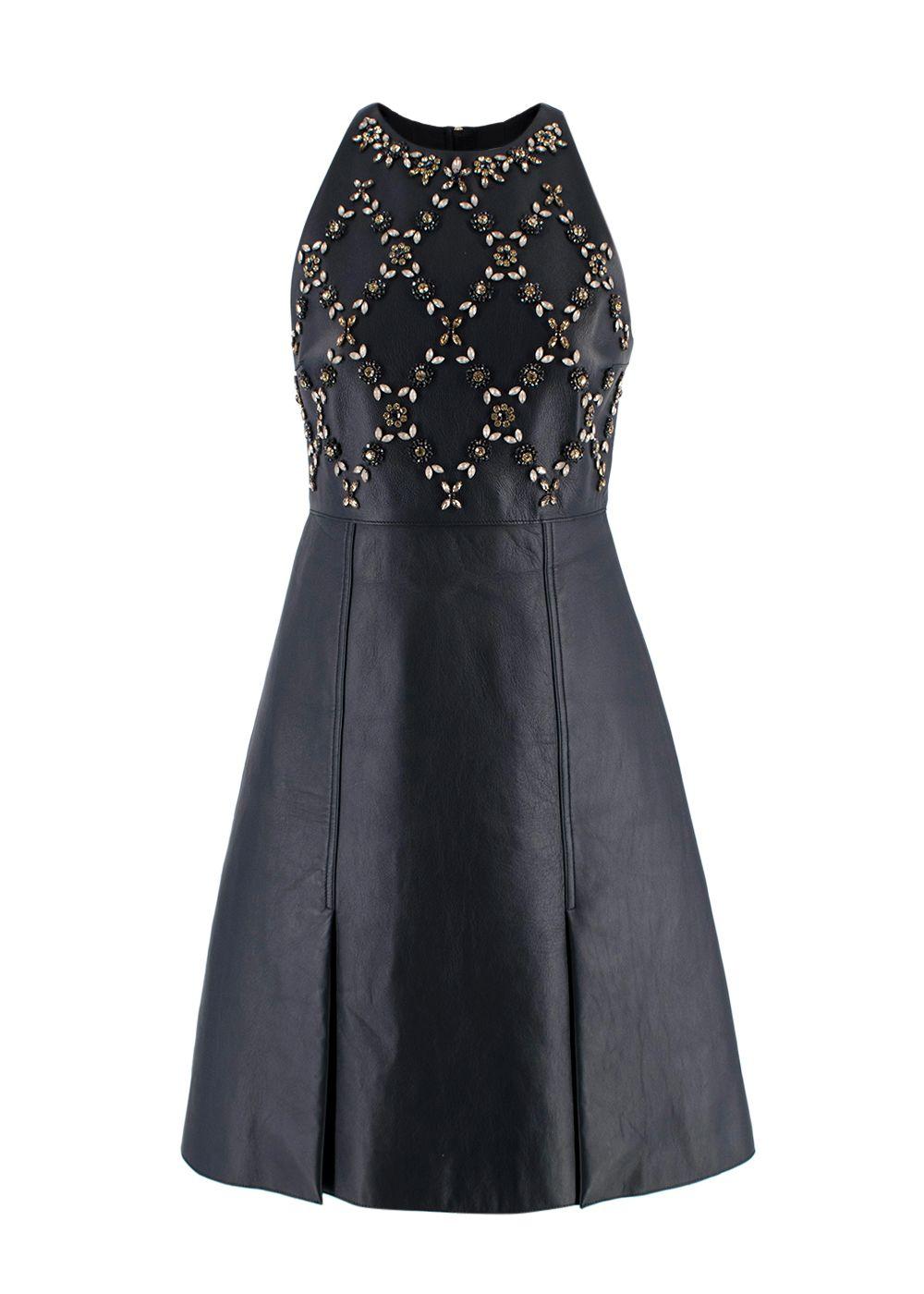 Erdem Navy Leather Floral Crystal Embellished Mini Dress