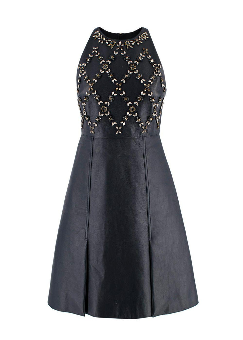 Erdem Navy Leather Floral Crystal Embellished Mini Dress