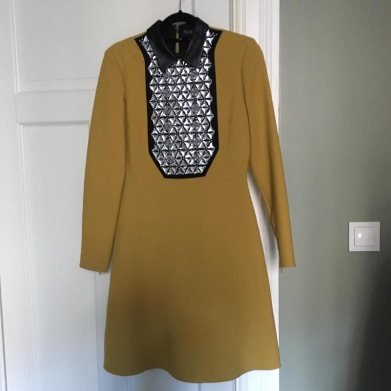 Gucci Yellow Embellished Crepe Dress with Leather Collar