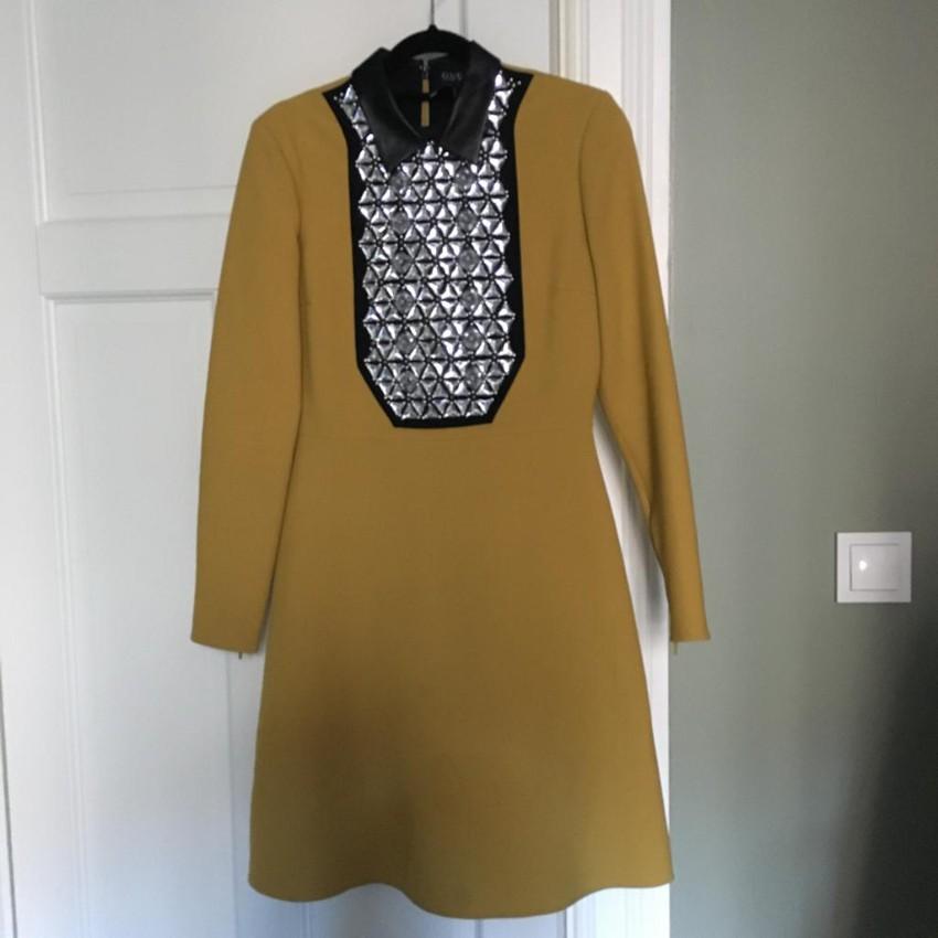 Gucci Yellow Embellished Crepe Dress with Leather Collar