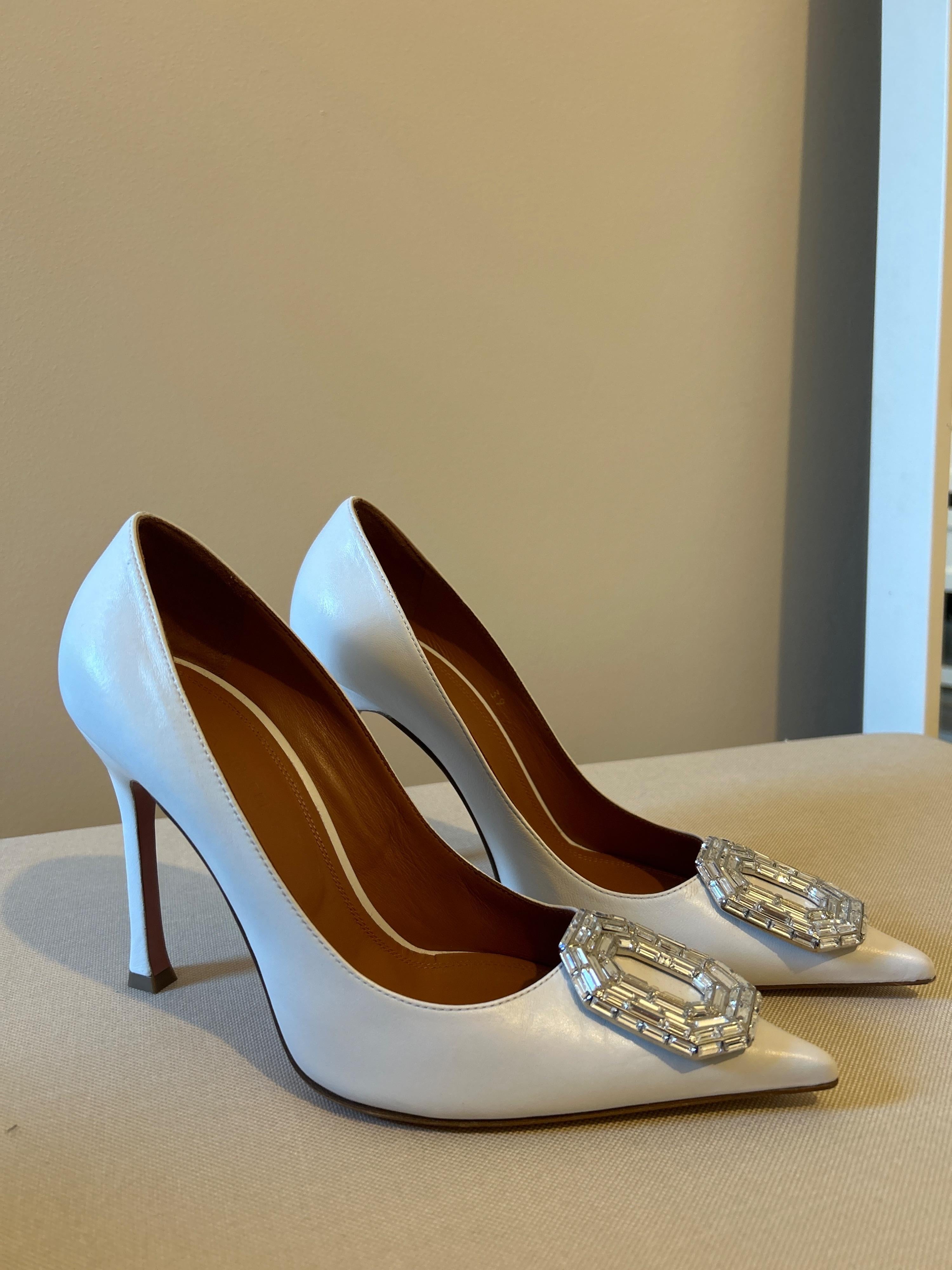 Amina Muaddi White Leather Camelia Pumps