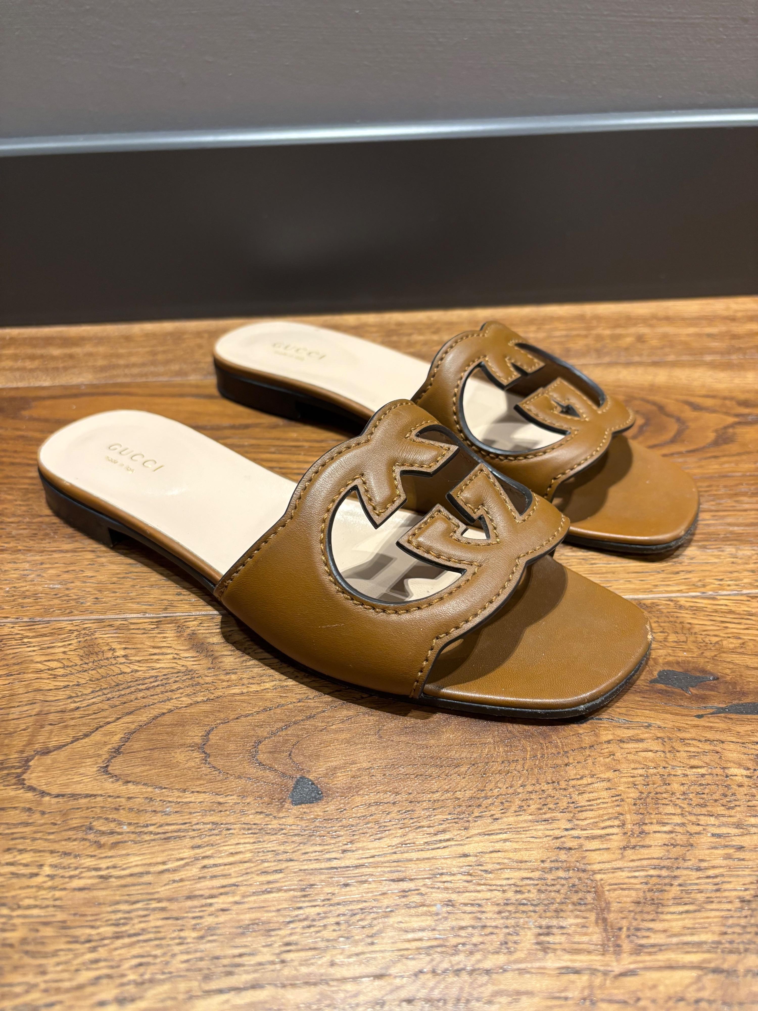 Gucci Tan Leather Flat Sandals