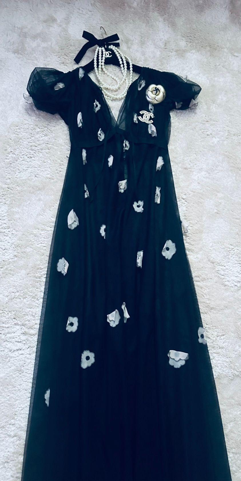 Chanel Black Tulle Camelia Embellished Gown