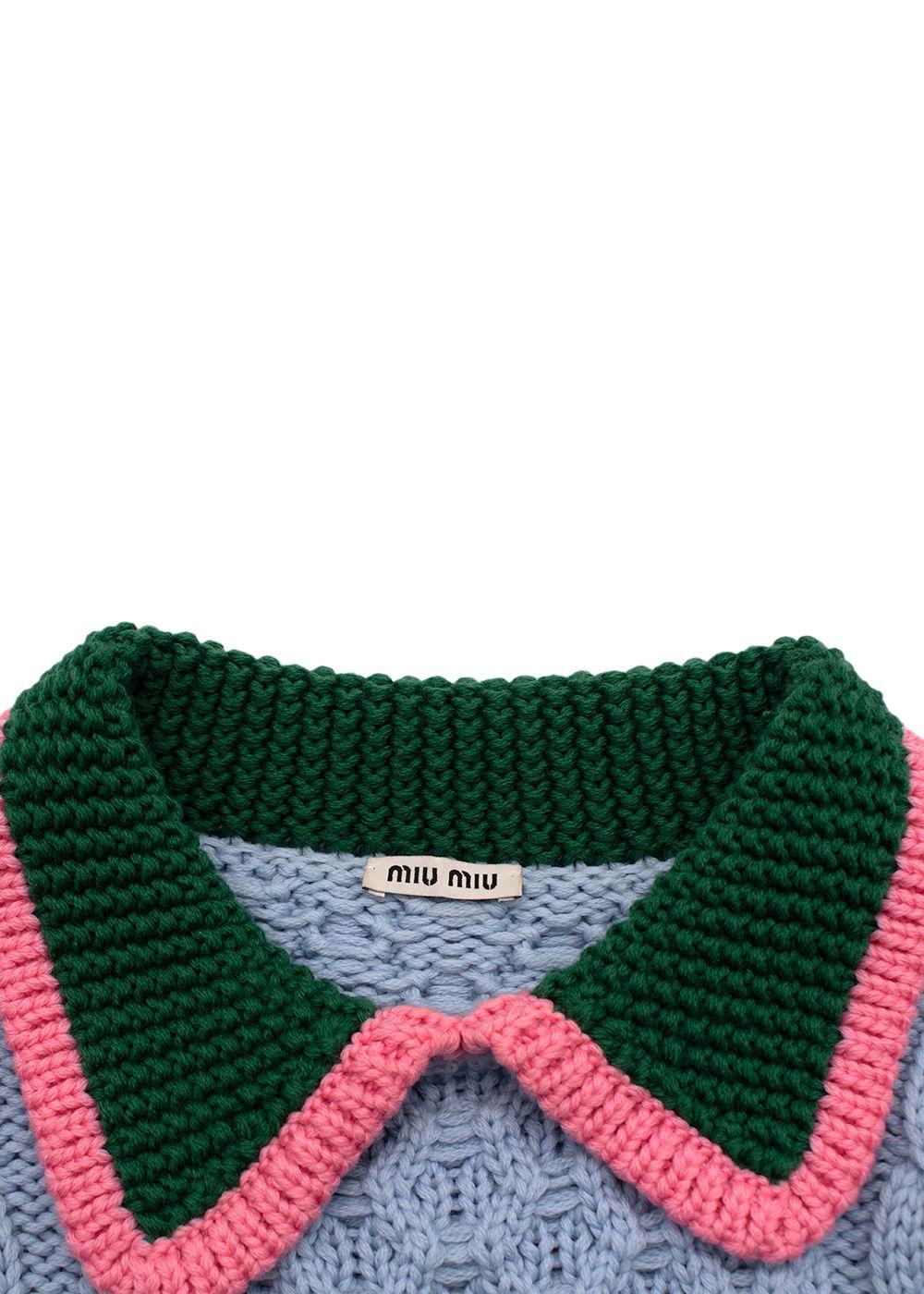 Miu Miu Blue Argyle Knit Jumper with Contrast Collar Detail