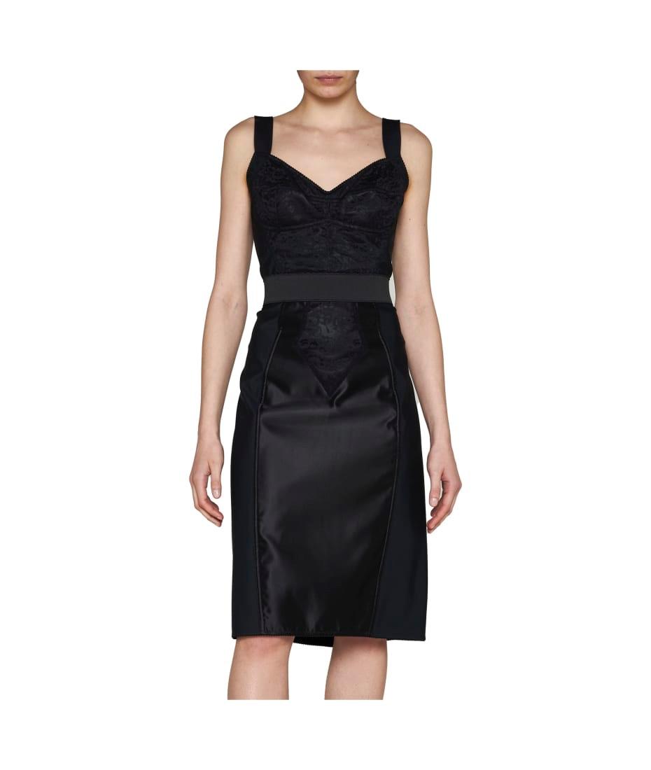 Black Powernet And Satin Midi Skirt