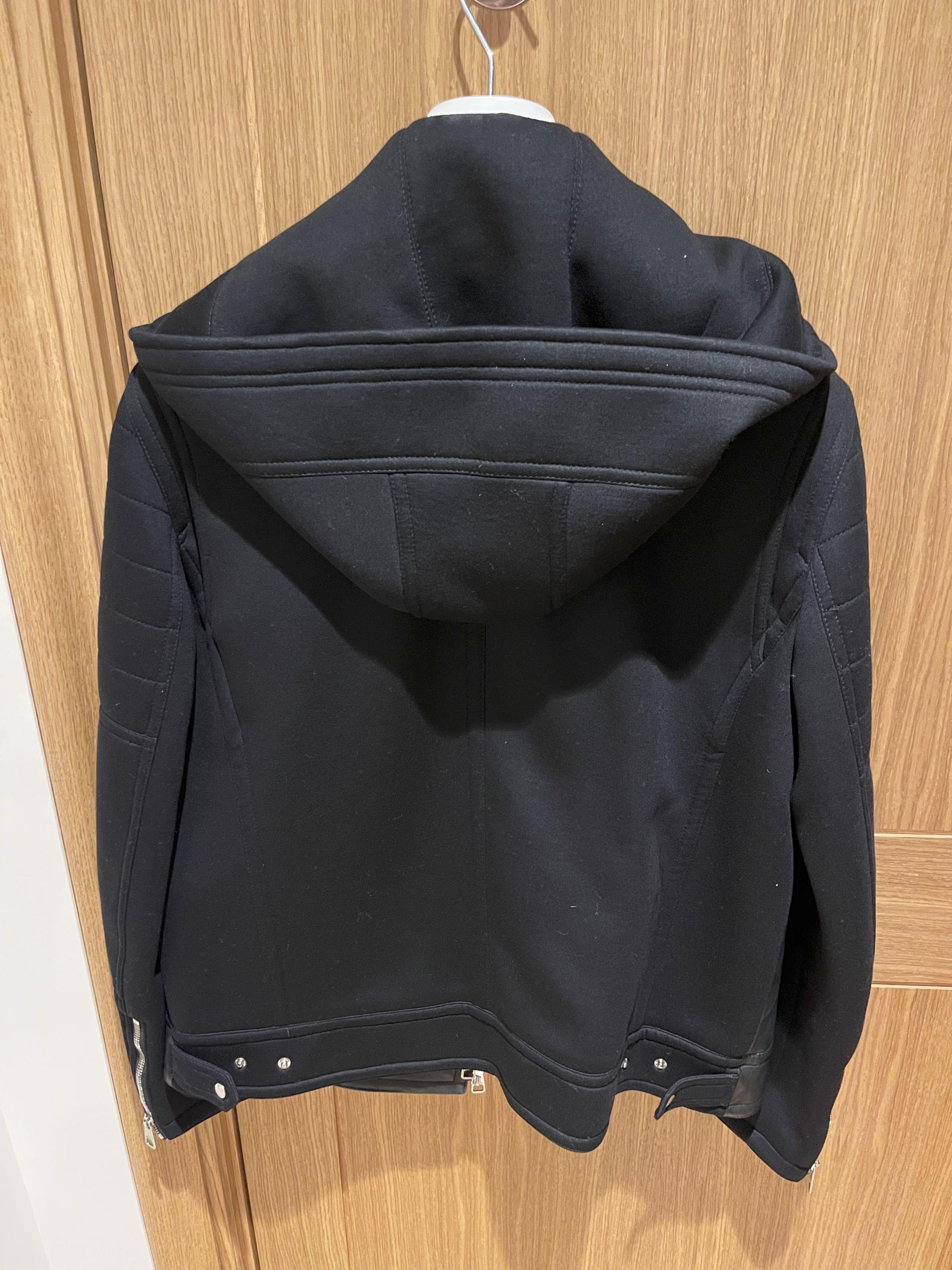 leather & neoprene hooded biker jacket