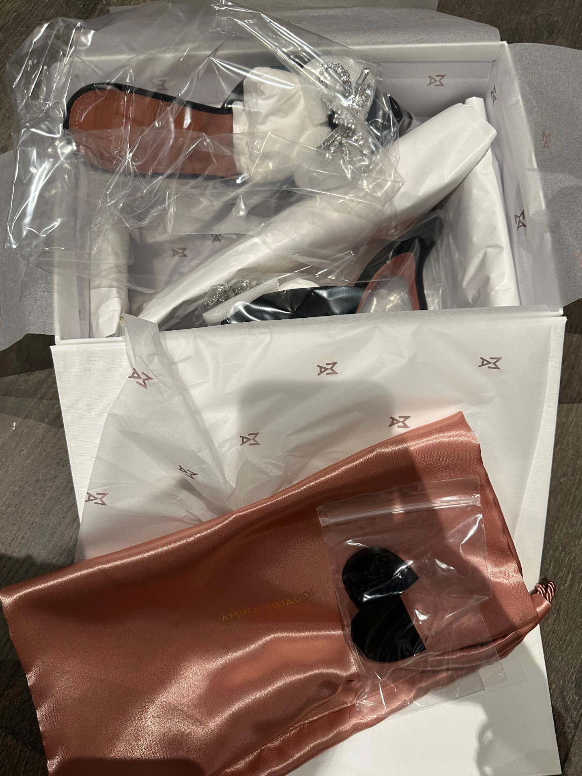 Amina Muaddi Black Satin Embellished Mules