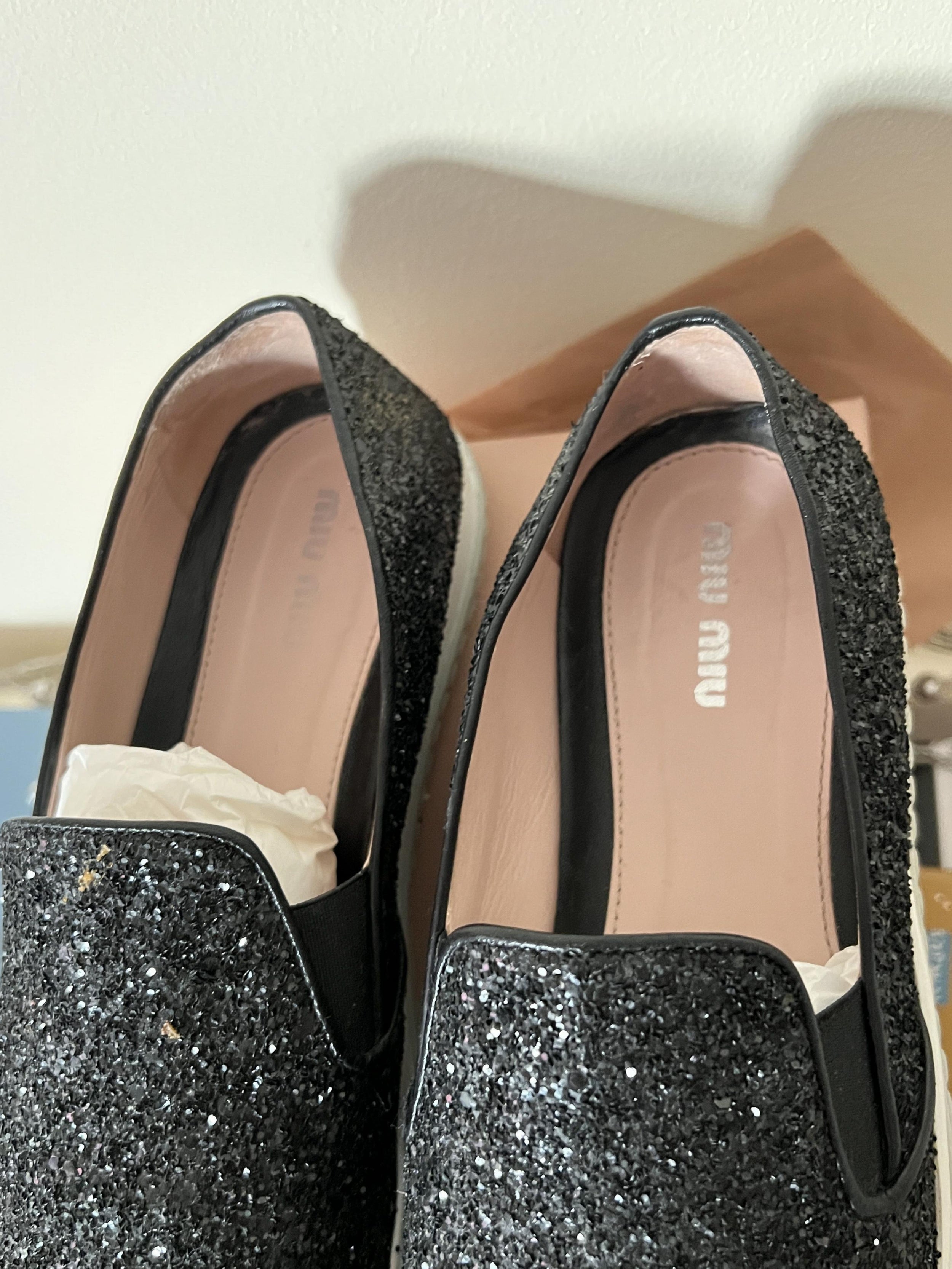 Miu Miu  Black Metallic Silver Toe Cap Slip-On Trainers