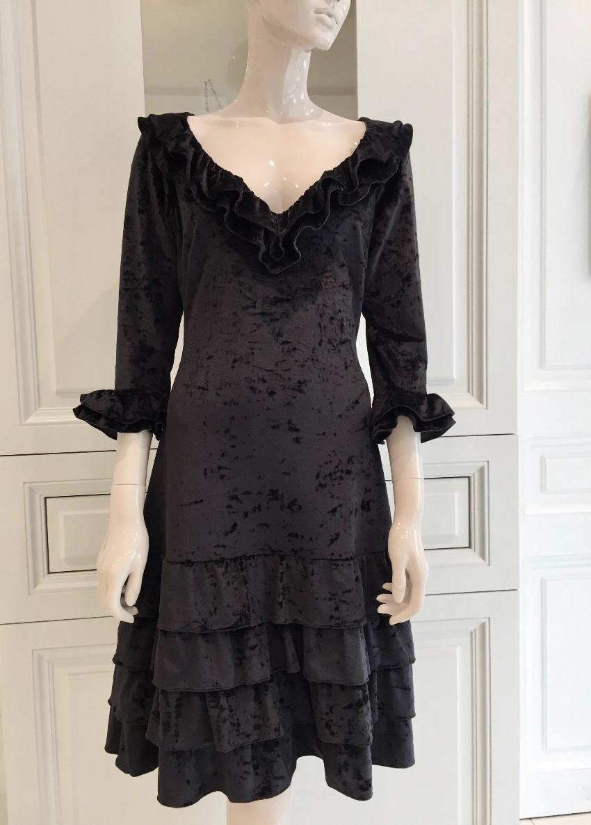 French Couture Black Panne Velvet Dress