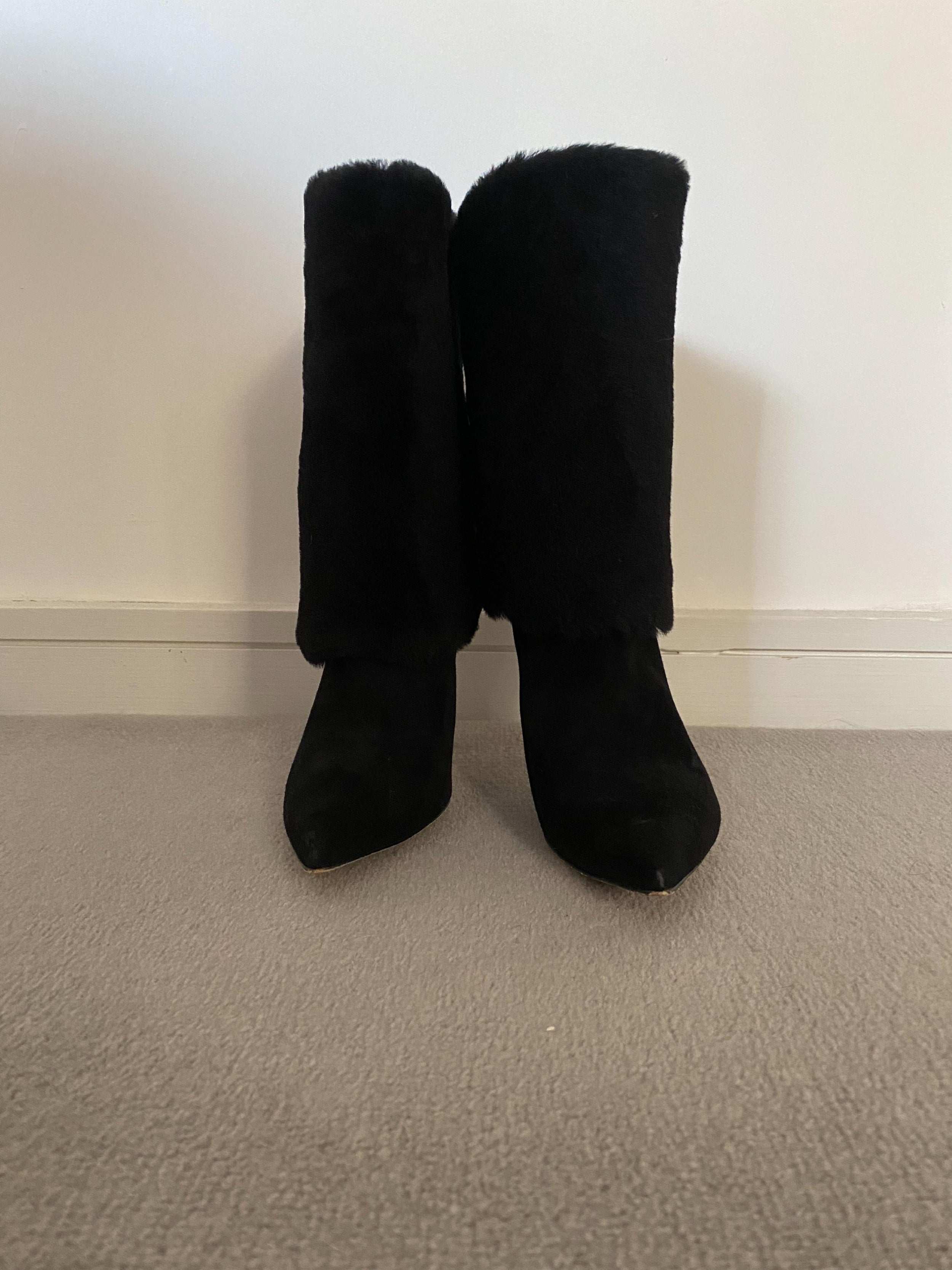 Black Shearling Cuff Heeled Long Boots