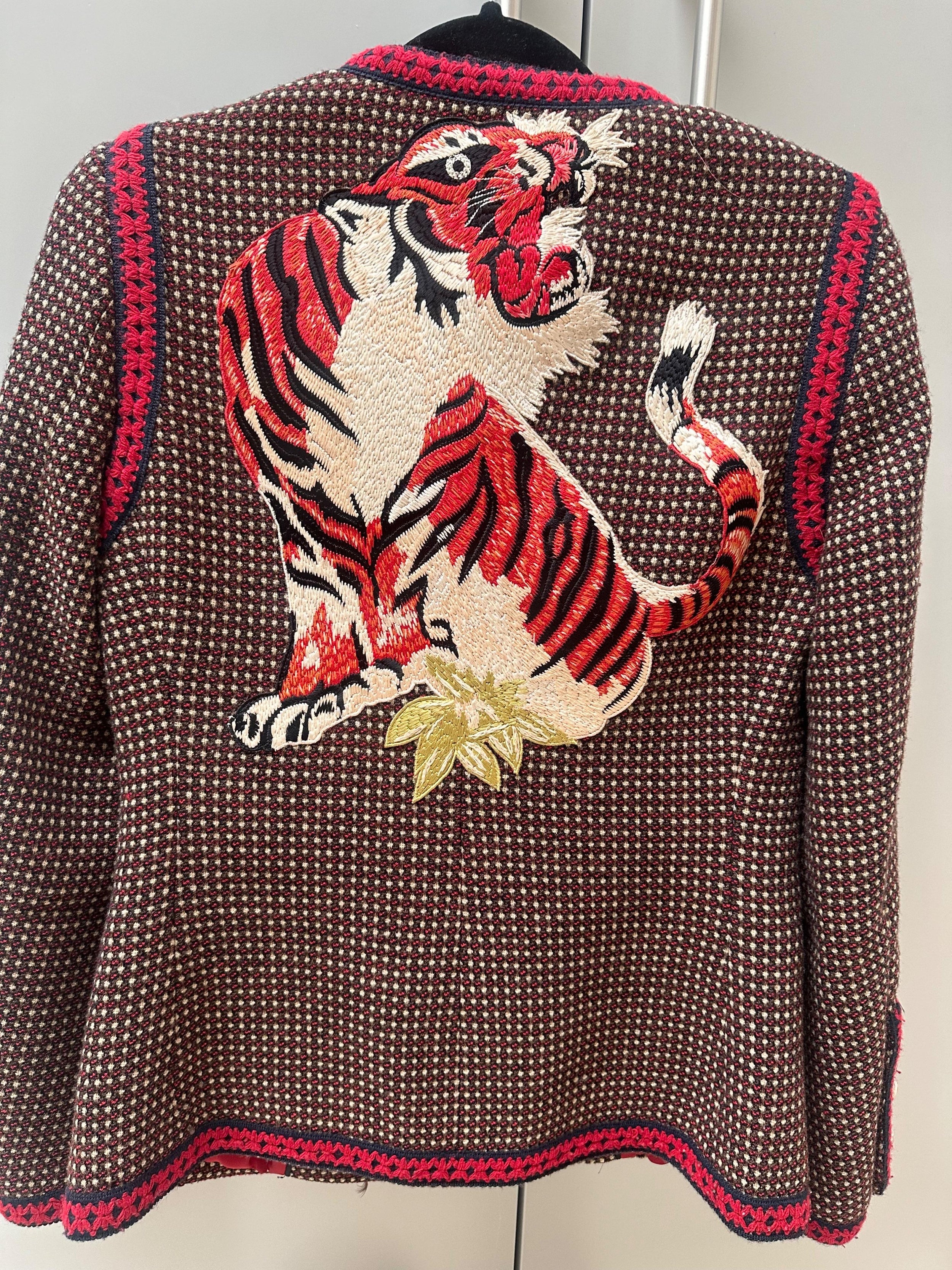 Gucci Red Tiger Embroidered Jacket with Faux Pearl Button Detail