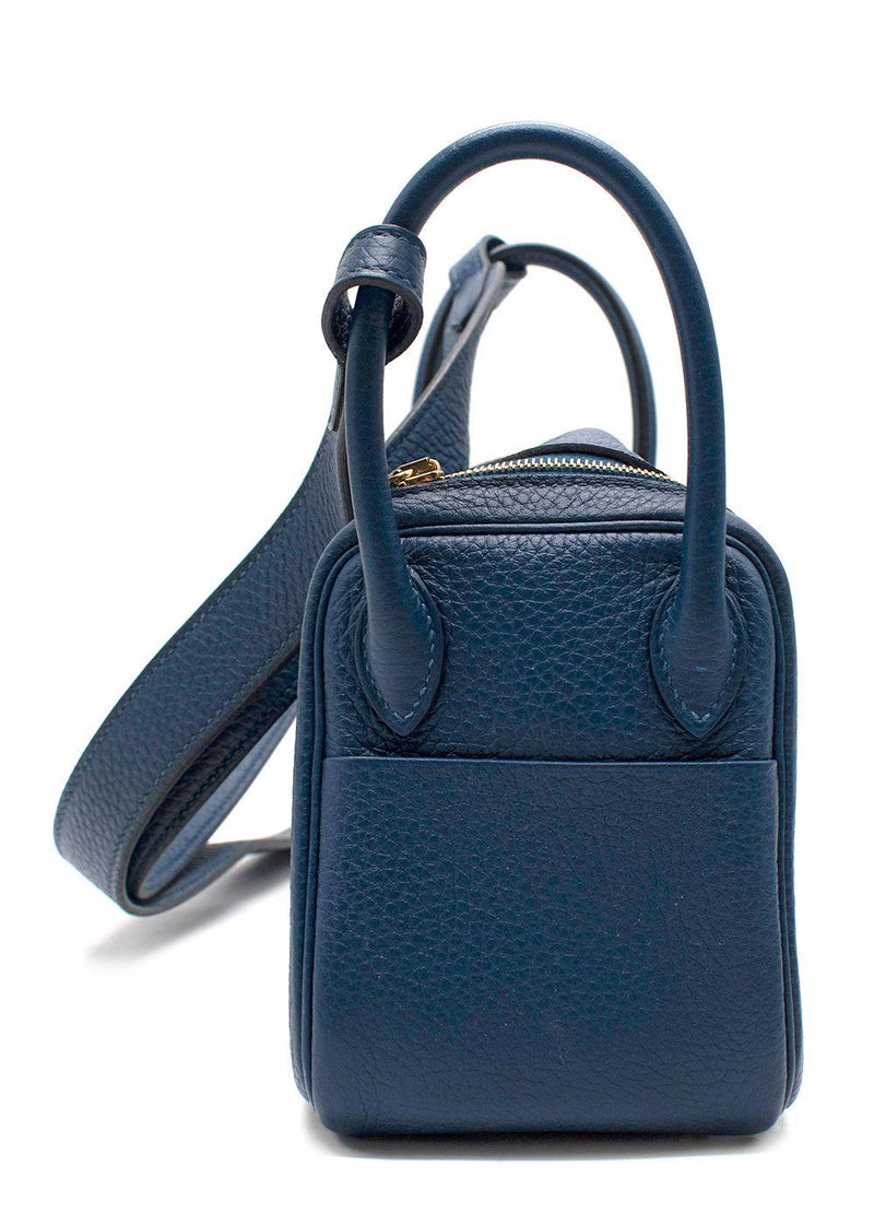 Hermes Taurillon Clemence Mini Lindy in Deep Bleu with Gold Hardware