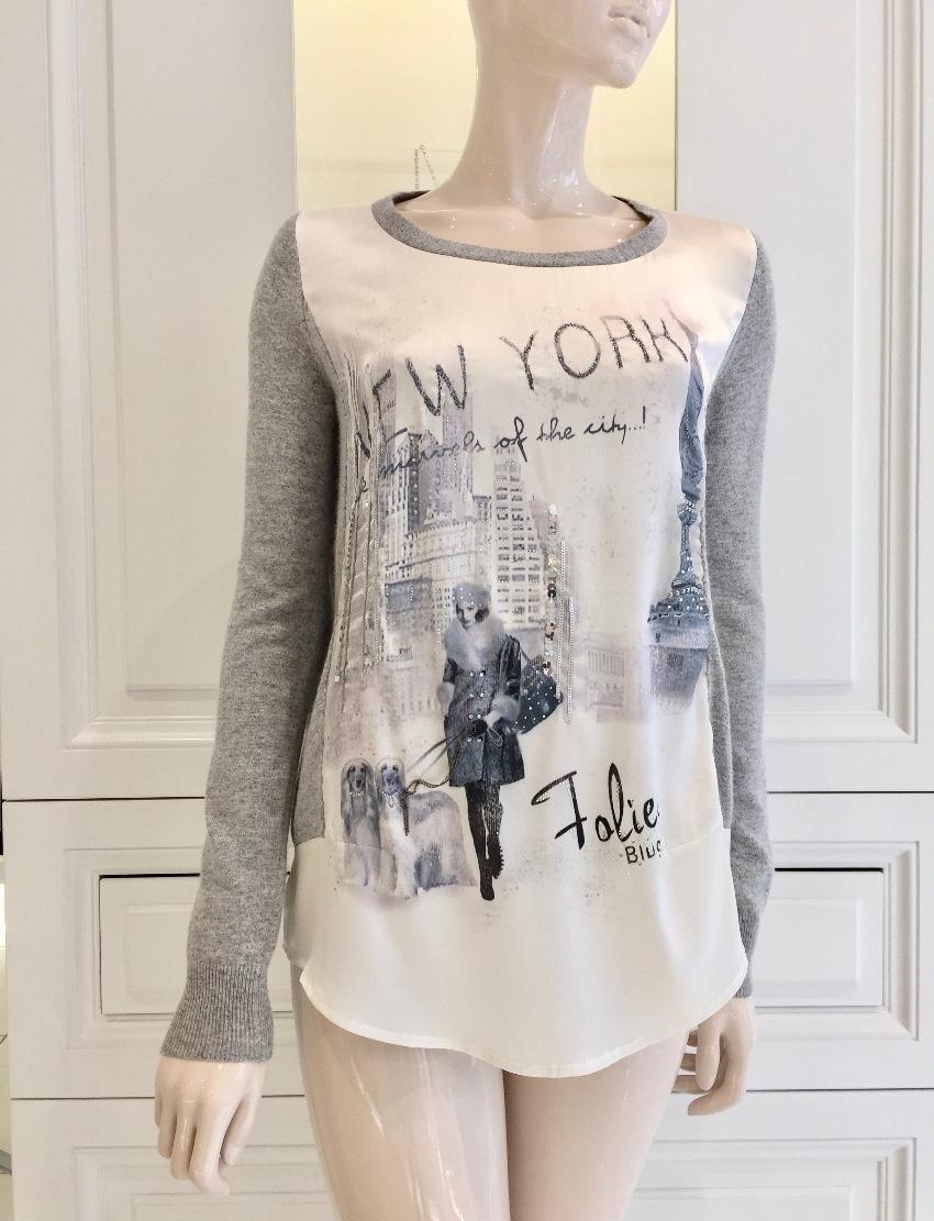 Blugirl Folies Silk New York Scene Swarovski Crystal Long Sleeve Top